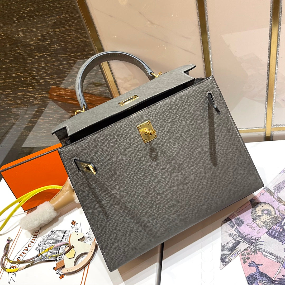 HERMES KELLY 25CM GRIS MOUETTE EPSOM LEATHER GOLD HARDWARE