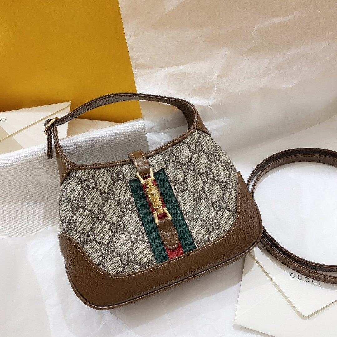 GUCCI JACKIE 1961 SMALL 28 SHOULDER BAG IN BEIGE CANVAS AND BROWN CALFSKIN