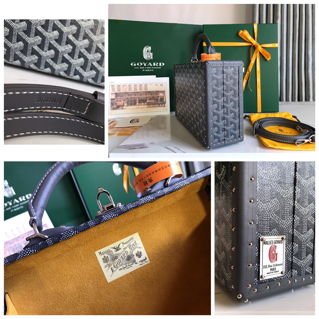 GRAND HÔTEL TRUNK BAG 24 IN GREY BLACK GOYARDINE CANVAS AND CALFSKIN