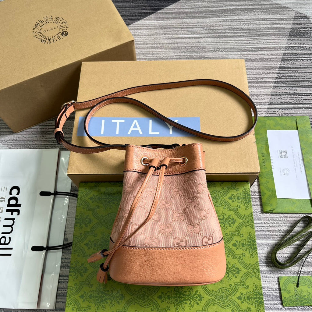 GUCCI OPHIDIA MINI 19 BUCKET LIGHT PINK CANVAS AND CALFSKIN