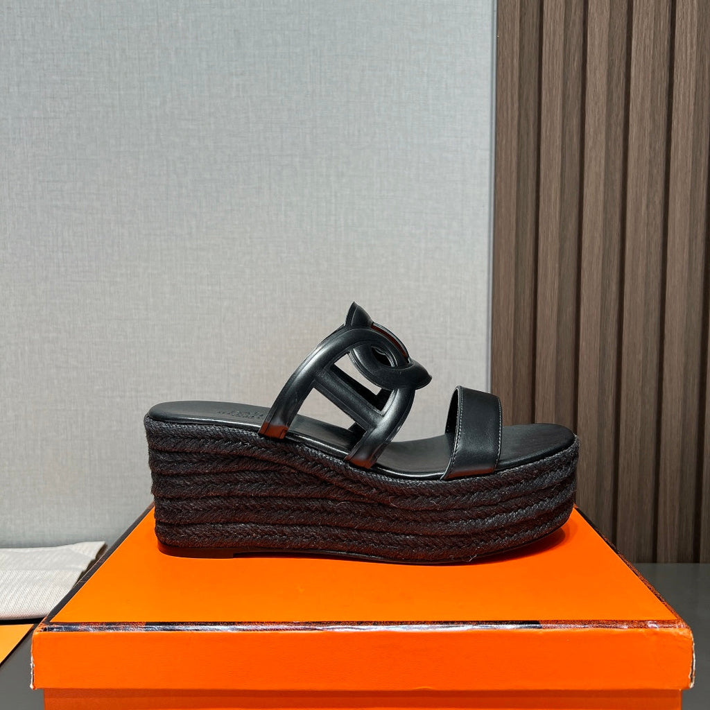 HERMES ITHEA 80 ESPADRILLE BLACK CALFSKIN