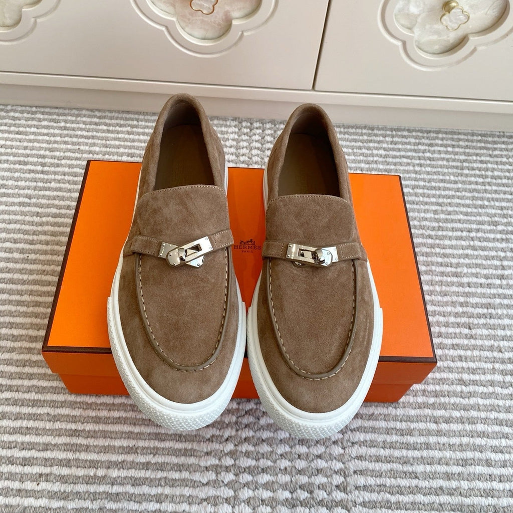 HERMES 25S SLIP-ON IN BROWN SUEDE WITH SILVER HARDWARE