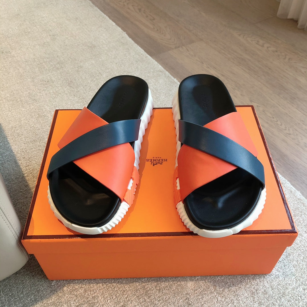 HERMES INFRA SANDAL BLACK MIX ORANGE CALFSKIN