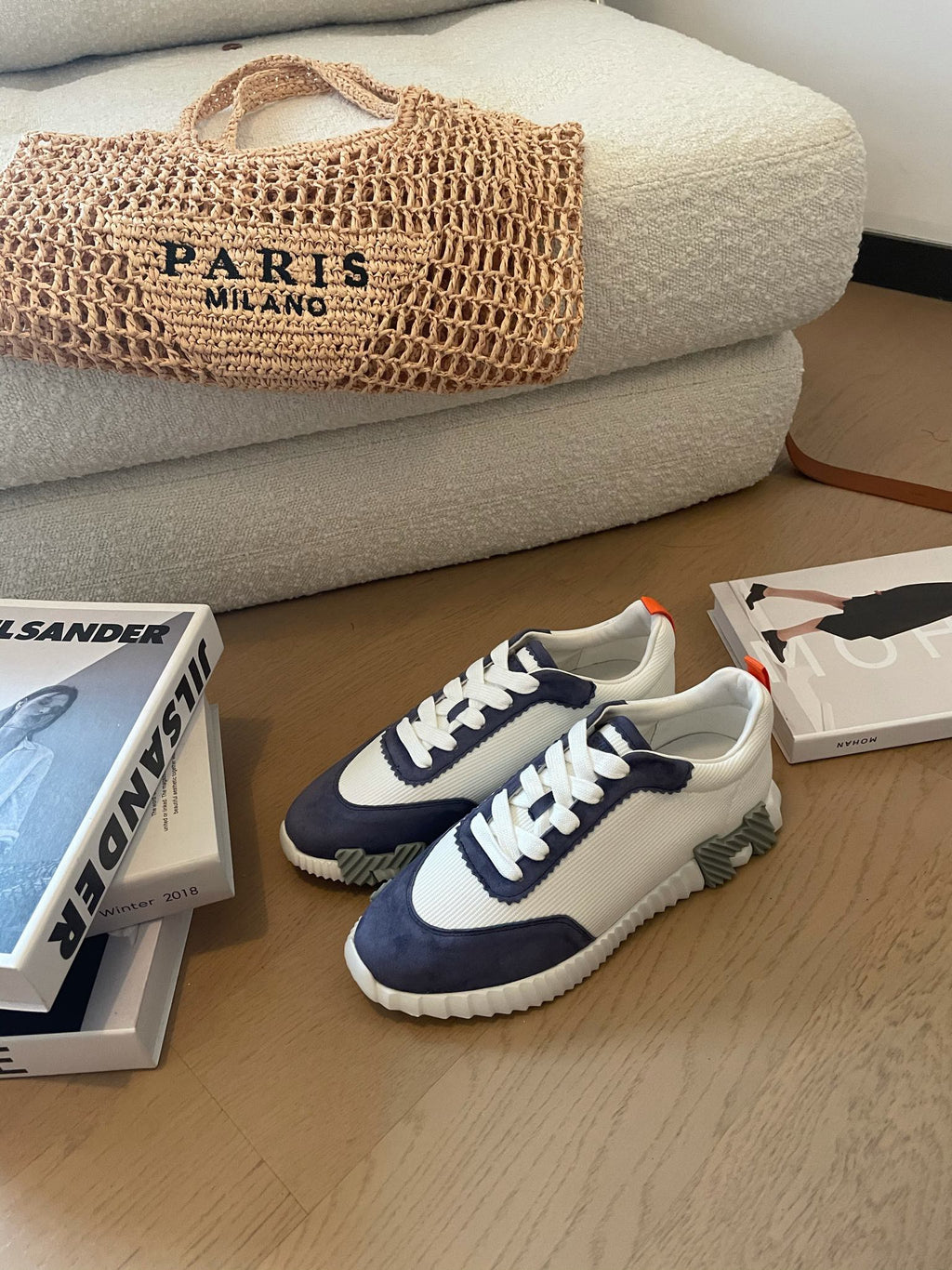 HERMES BOUNCING SNEAKERS LIGHT GRAY MIX NAVY CALFSKIN