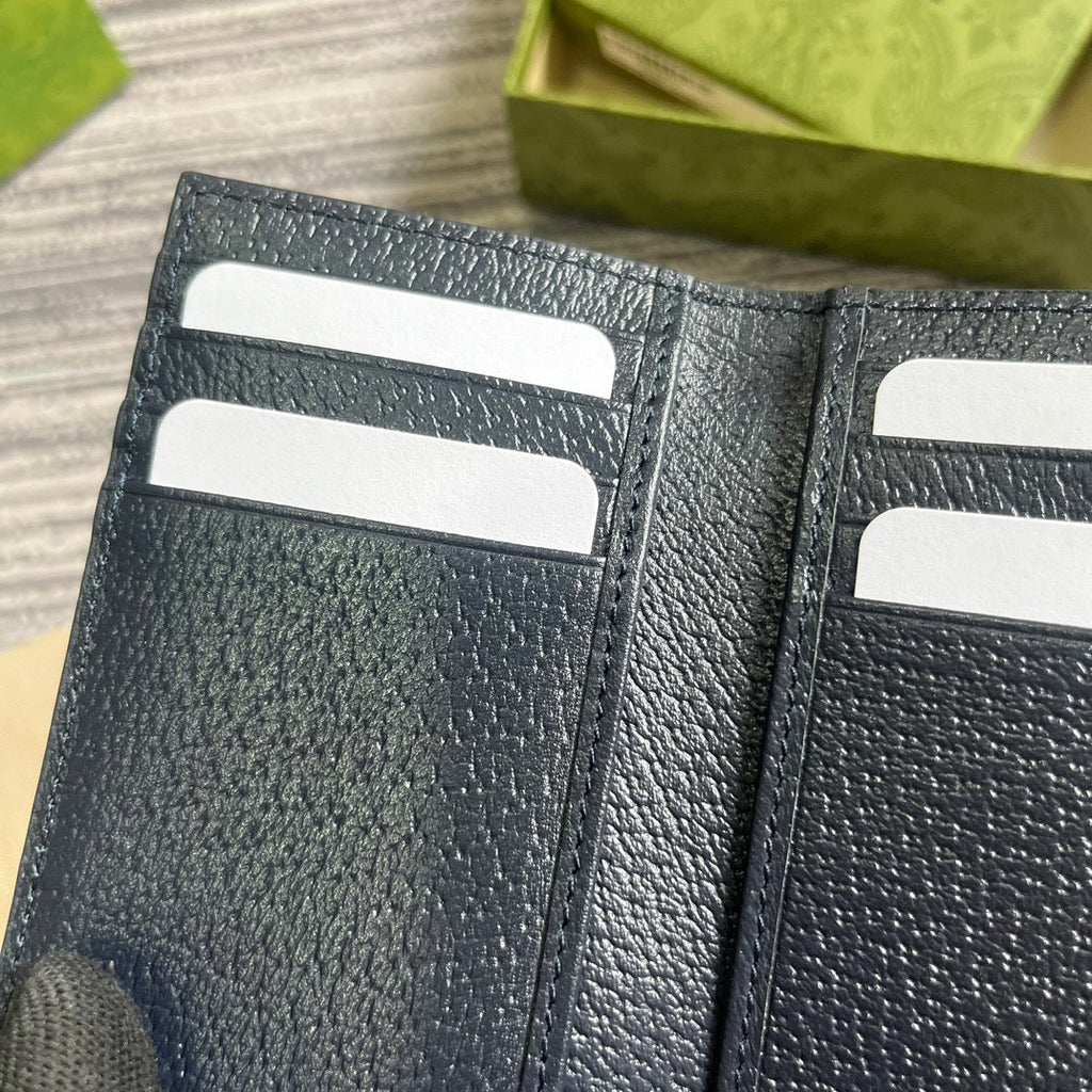 GUCCI OPHIDIA  12 CARD CASE DARK BLUE CANVAS AND BLACK CALFSKIN