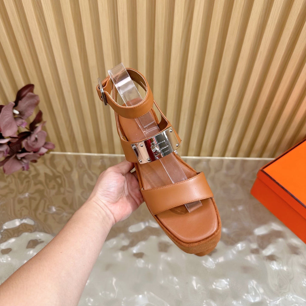 HERMES 25S CLASSIC WEDGE SANDALS 70 MM IN BROWN LAMBSKIN WITH SILVER HARDWARE