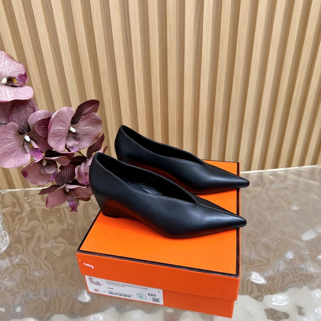 HERMES 25S HIGH-HEEL WEDGE SHOES 50 MM IN BLACK LAMBSKIN