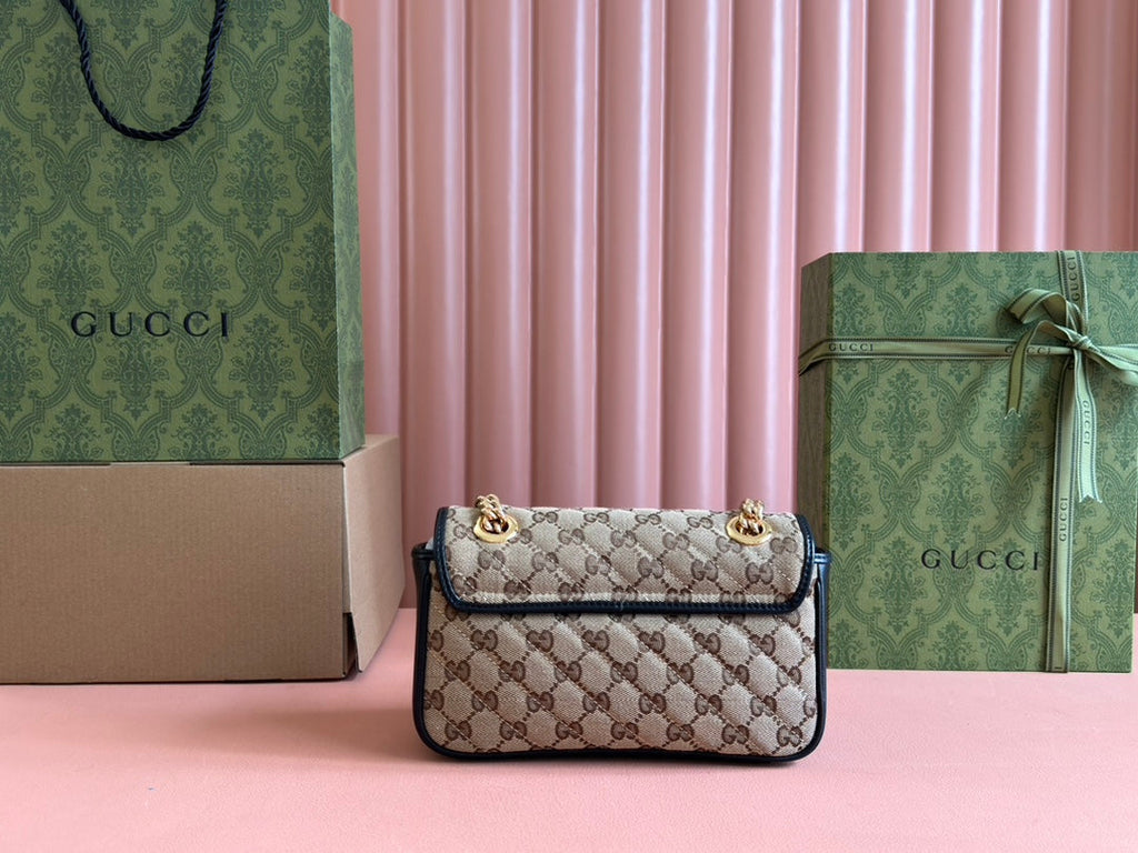 GUCCI MARMONT MEDIUM SHOULDER BAG 22 IN BEIGE AND BROWN  CANVAS BLACK CALFSKIN