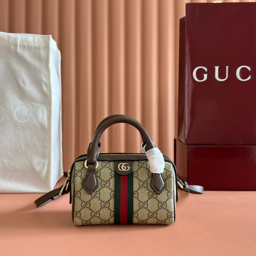 GUCCI 25S OPHIDIA MINI BOSTON BAG 16 IN BEIGE CANVAS AND BROWN CALFSKIN