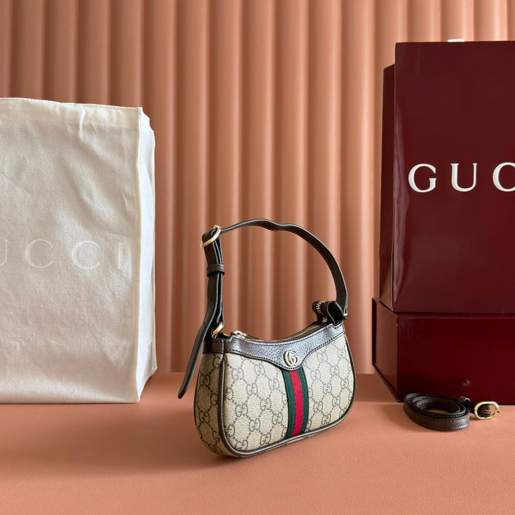 GUCCI 25S OPHIDIA SMALL SHOULDER BAG 19 IN BEIGE CANVAS AND BROWN CALFSKIN