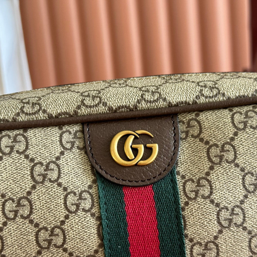 GUCCI 25S OPHIDIA CROSSBODY BAG 28 IN BEIGE CANVAS AND BROWN CALFSKIN