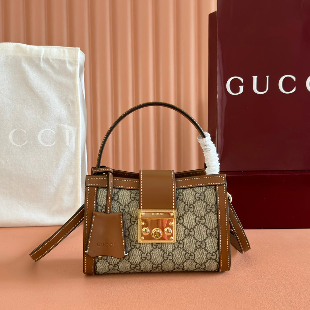 GUCCI 26S PADLOCK TOP HANDLE BAG 20 IN DARK BEIGE AND BROWN CALFSKIN