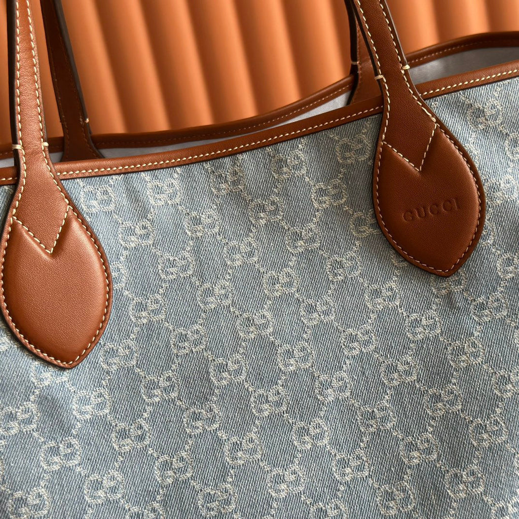 GUCCI 25S TOTISSIMA LARGE TOTE BAG 30 IN BLUE AND WHITE CANVAS