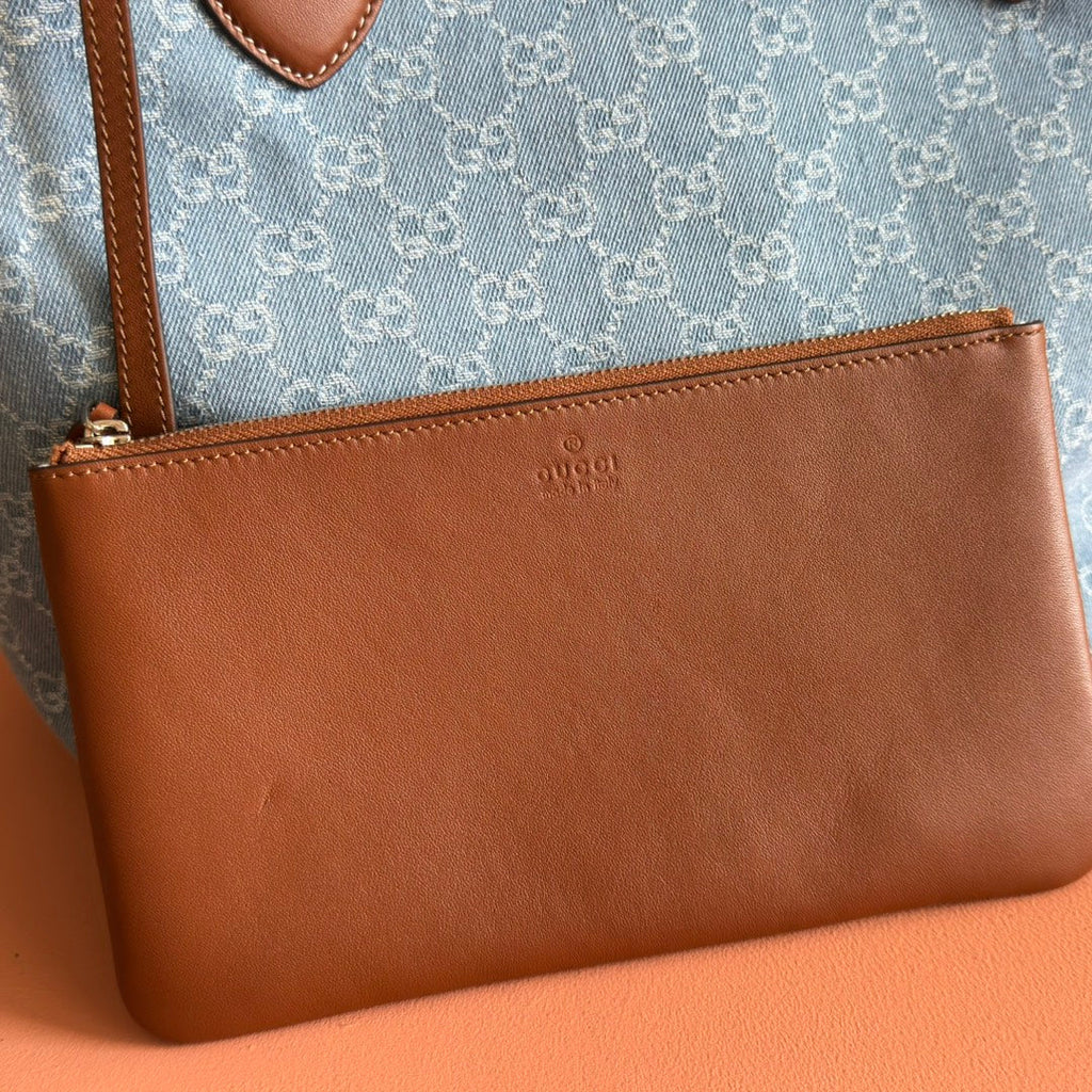 GUCCI 25S TOTISSIMA LARGE TOTE BAG 30 IN BLUE AND WHITE CANVAS