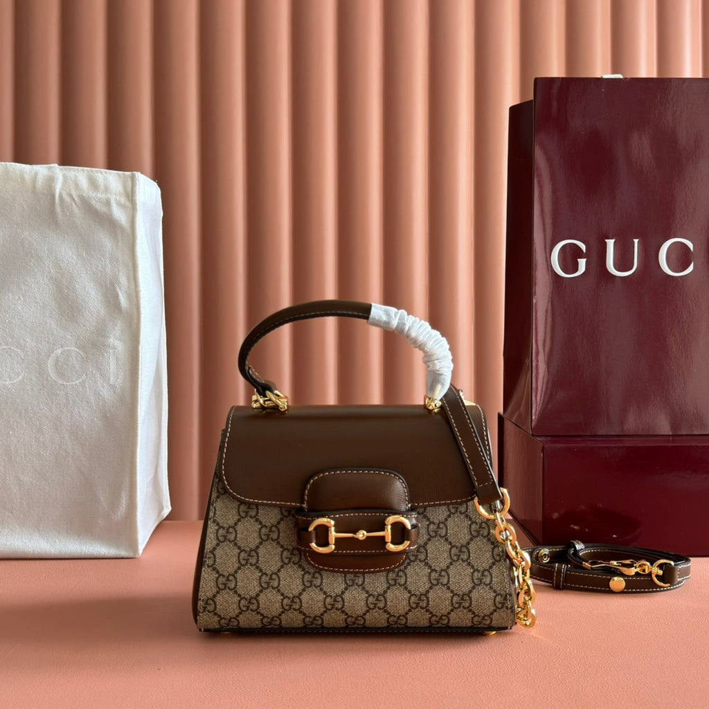 GUCCI 25S HORSEBIT 1955 MEDIUM SHOULDER BAG 22 CM IN DARK BEIGE CANVAS AND BROWN CALFSKIN WITH GOLD HARDWARE