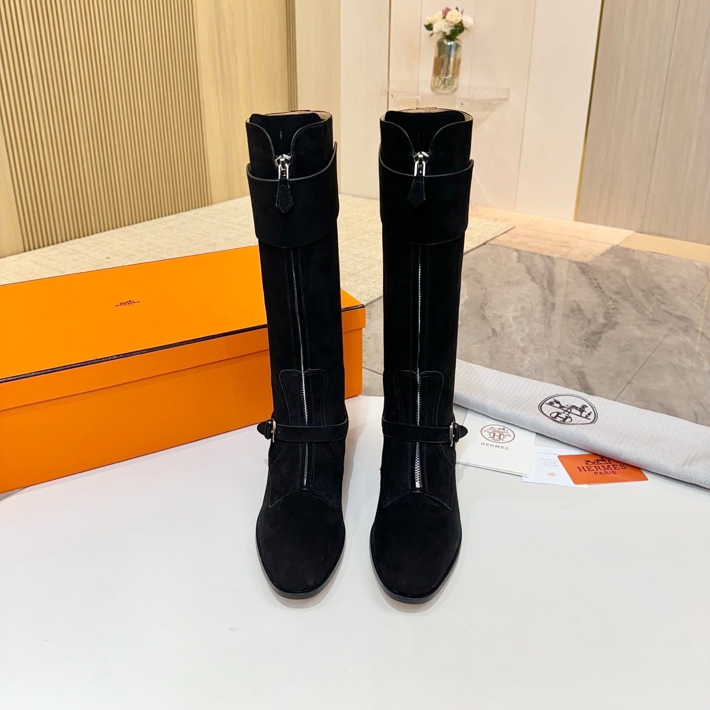 HERMES 25S RIDING BOOTS IN BLACK SUEDE WITH SILVER HARDWARE