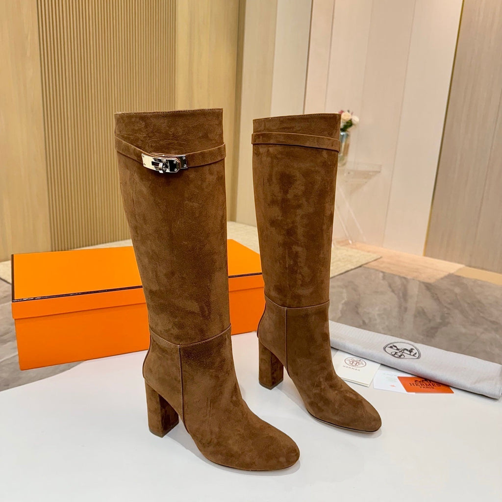 HERMES 25S KELLY KNEE-HIGH BOOTS IN BROWN SUEDE WITH SILVER HARDWARE