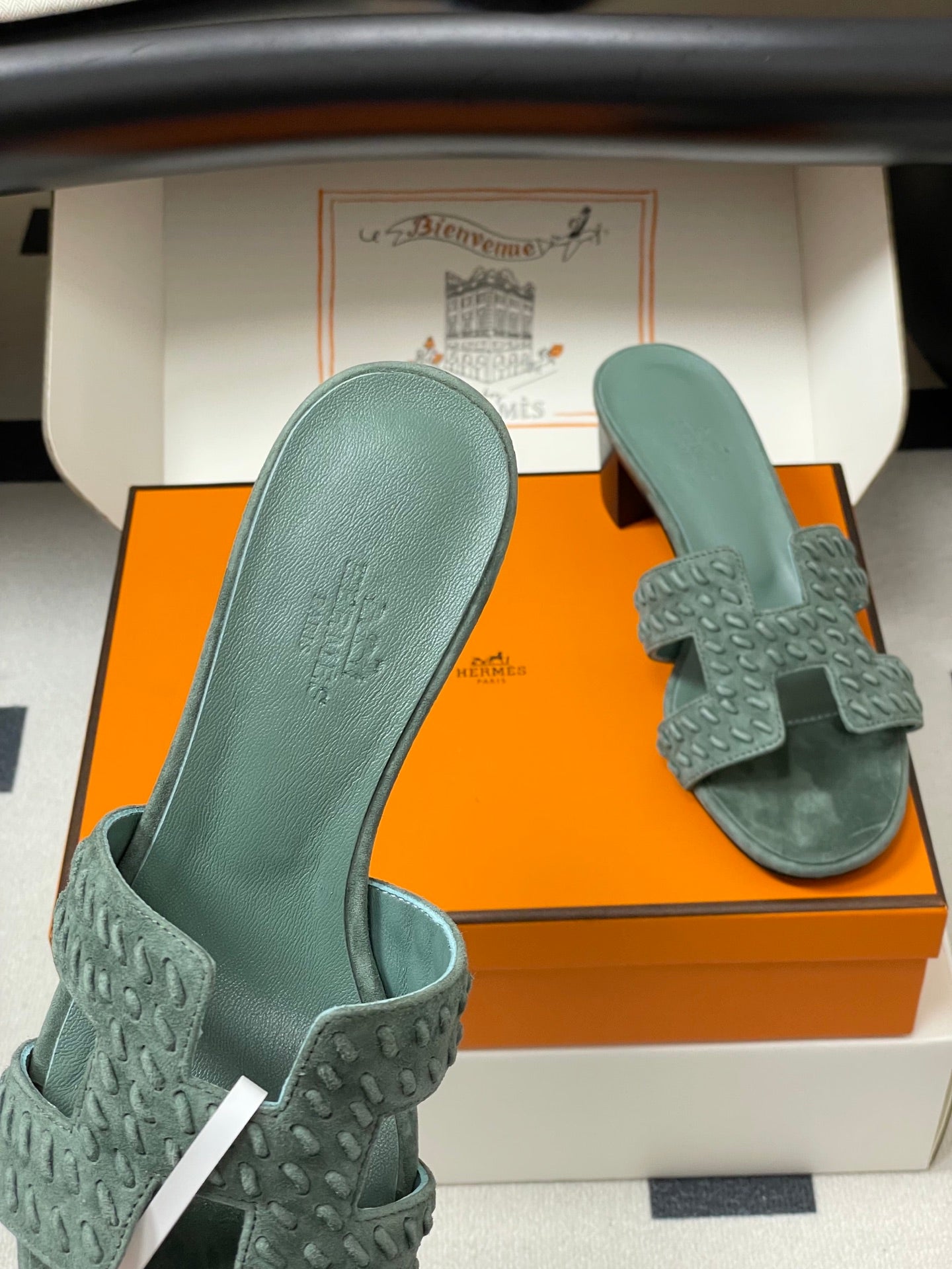 HERMES 25S ORAN HIGH‑HEEL SANDAL IN MUTED MINT GREEN SUEDE AND LAMBSKIN