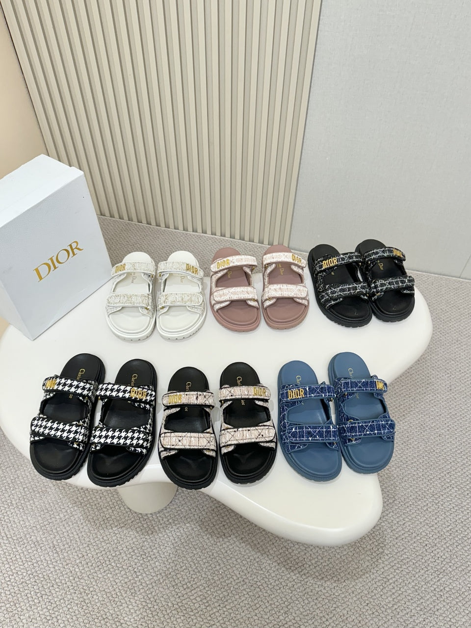 DIOR CLASSIC DOUBLE-STRAP SLIDES 25S IN ROSE BROWN TWEED AND CALFSKIN