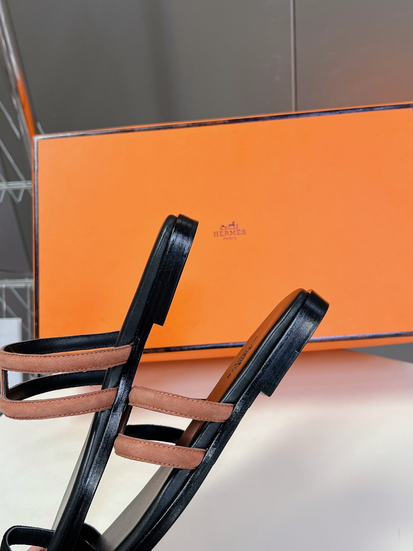 HERMES Georgia Sandals Peach Suede Black Calfskin