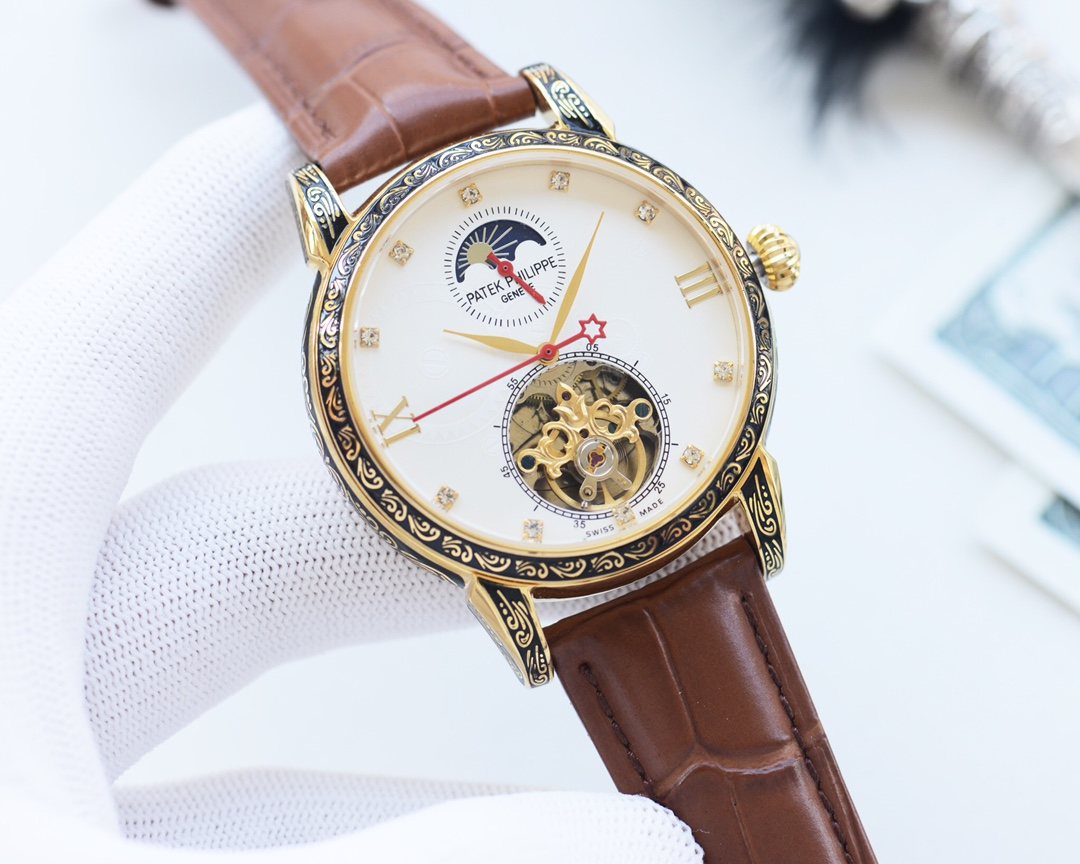 Patek Philippe White Dial Brown Strap Watch