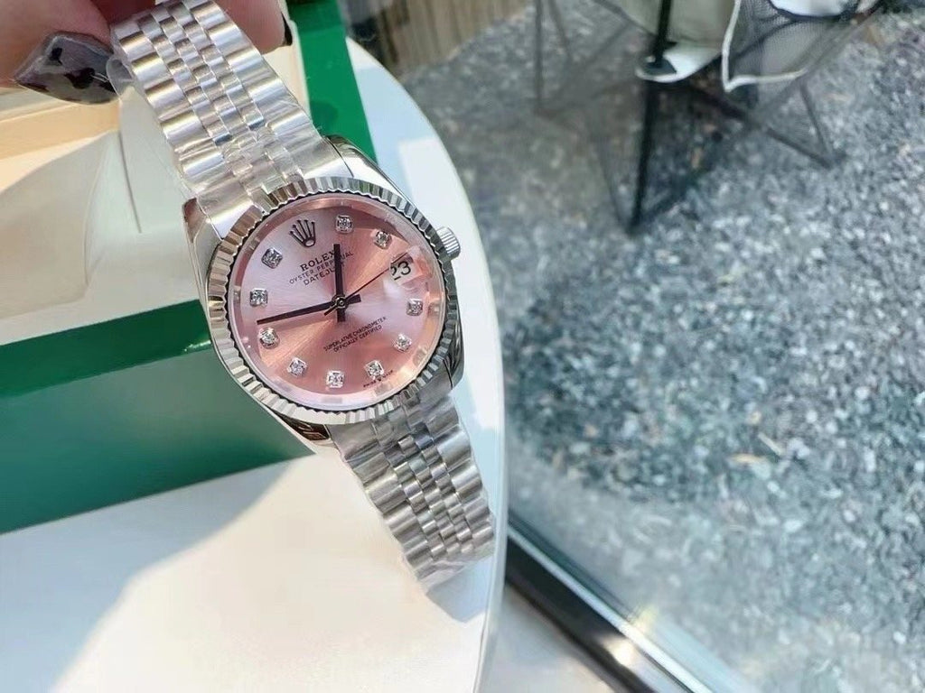 Rolex Pink Dial Silver Bracelet Watch