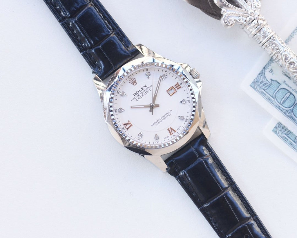 Rolex Silver Blue White Dial Strap Watch