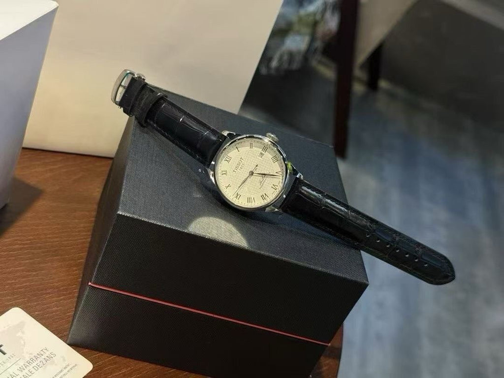 Tissot Cream Dial Black Leather Strap Watch