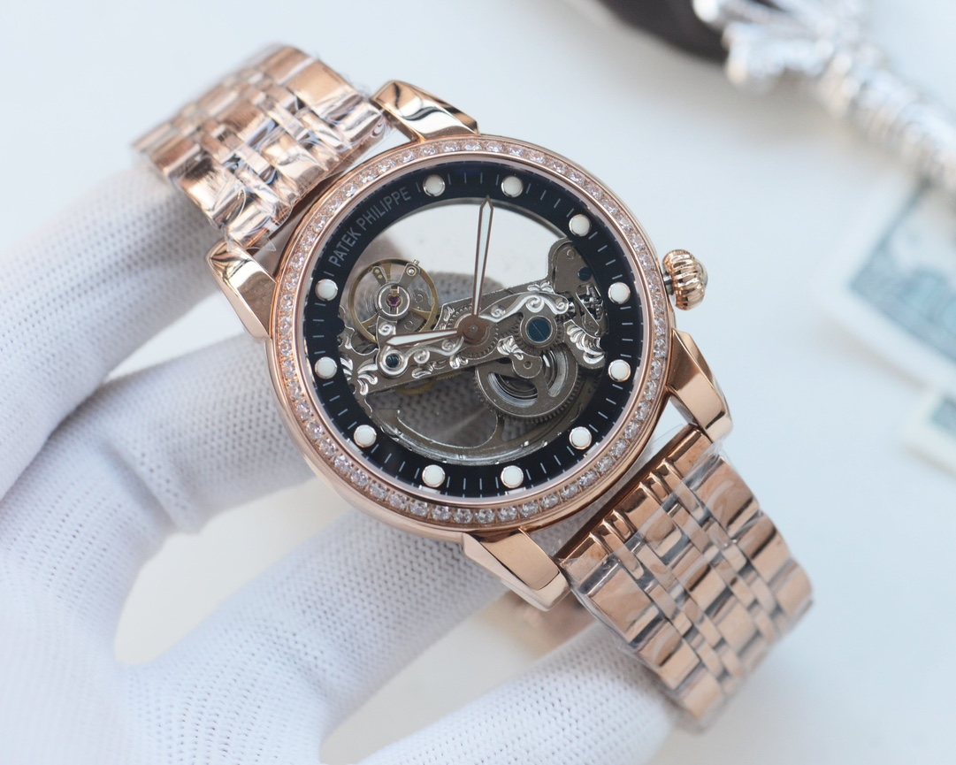 Patek Philippe Rose Gold Black Leather Strap Watch