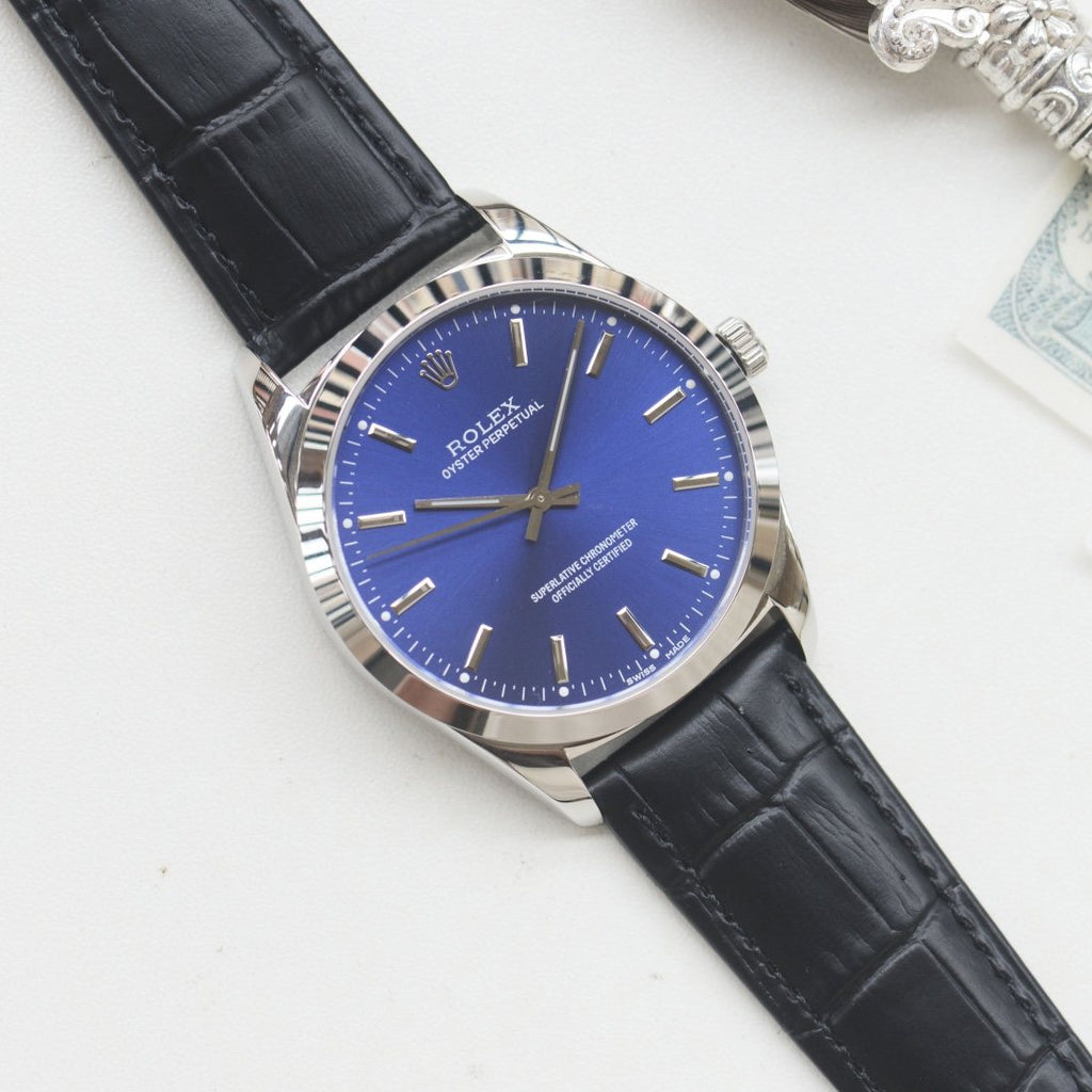 Rolex Silver Black Blue Dial Leather Strap Watch