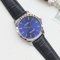 Rolex Silver Black Blue Dial Leather Strap Watch