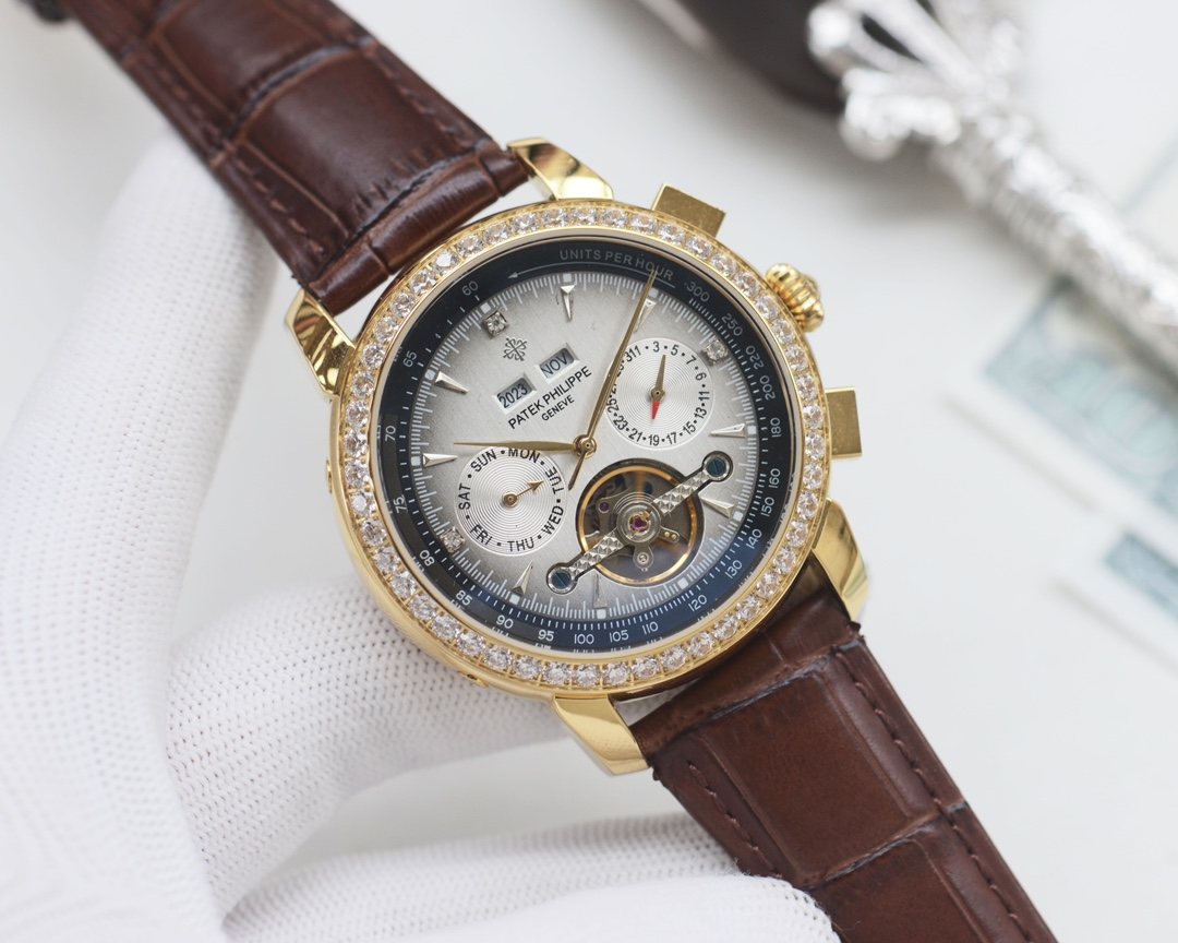 Patek Philippe Silver Brown Blue Dial Strap Watch