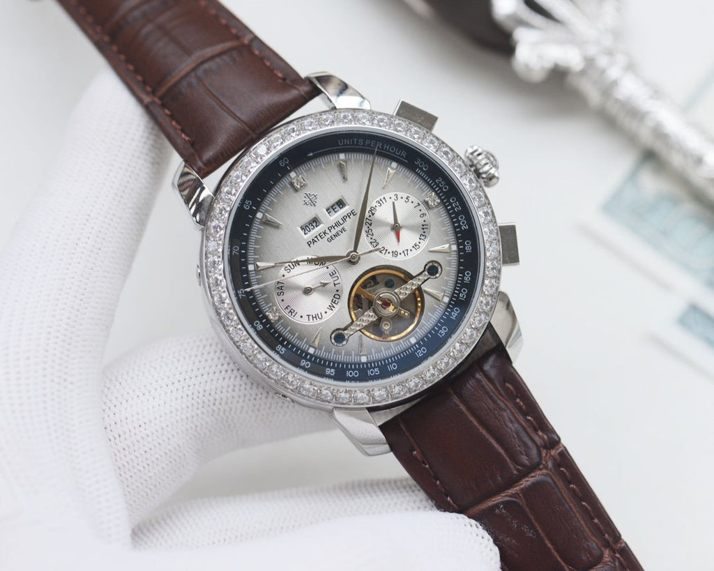 Patek Philippe Silver Brown Blue Dial Strap Watch