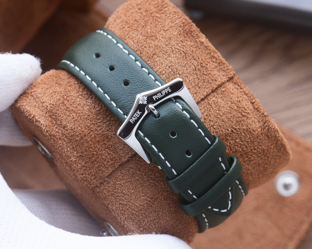 Patek Philippe Silver Green White Dial Strap Watch