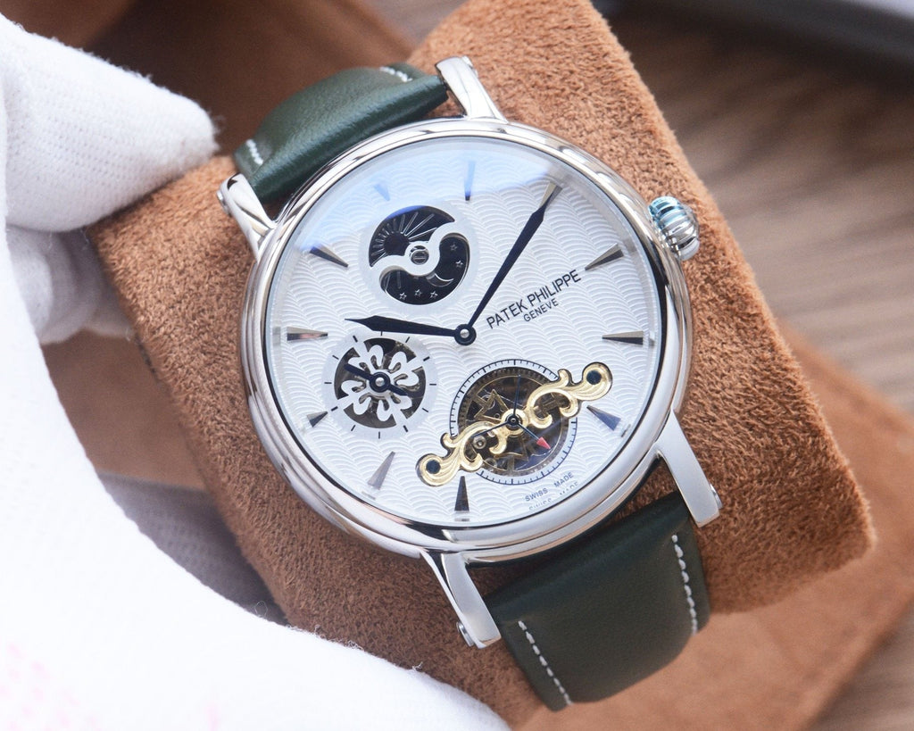 Patek Philippe Silver Green White Dial Strap Watch