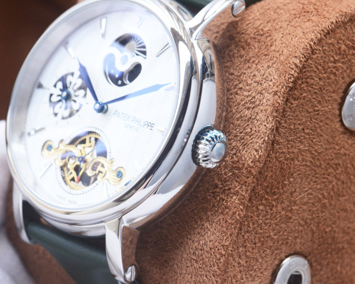 Patek Philippe Silver Green White Dial Strap Watch