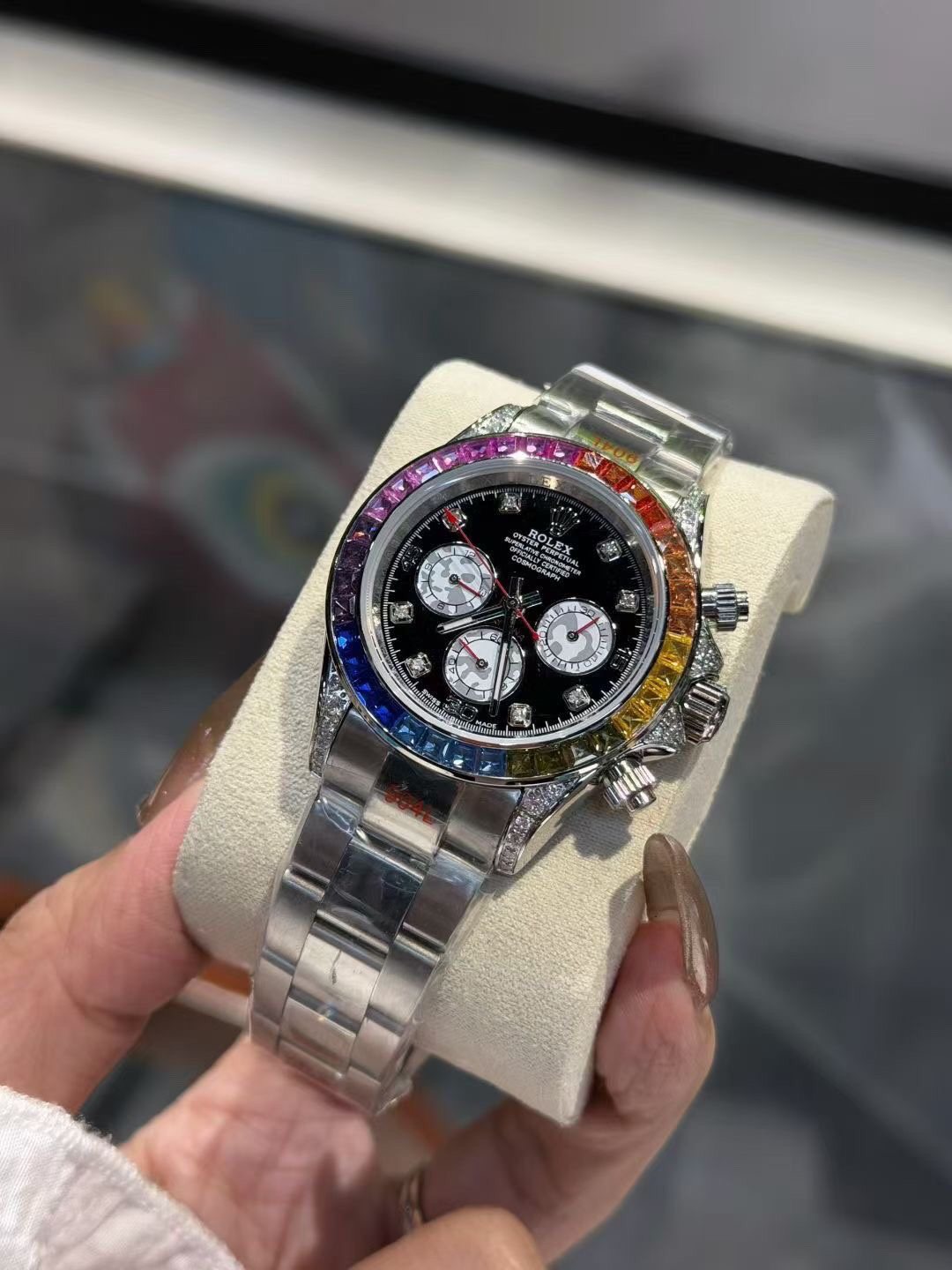 Rolex Rainbow Bezel Black Dial Watch