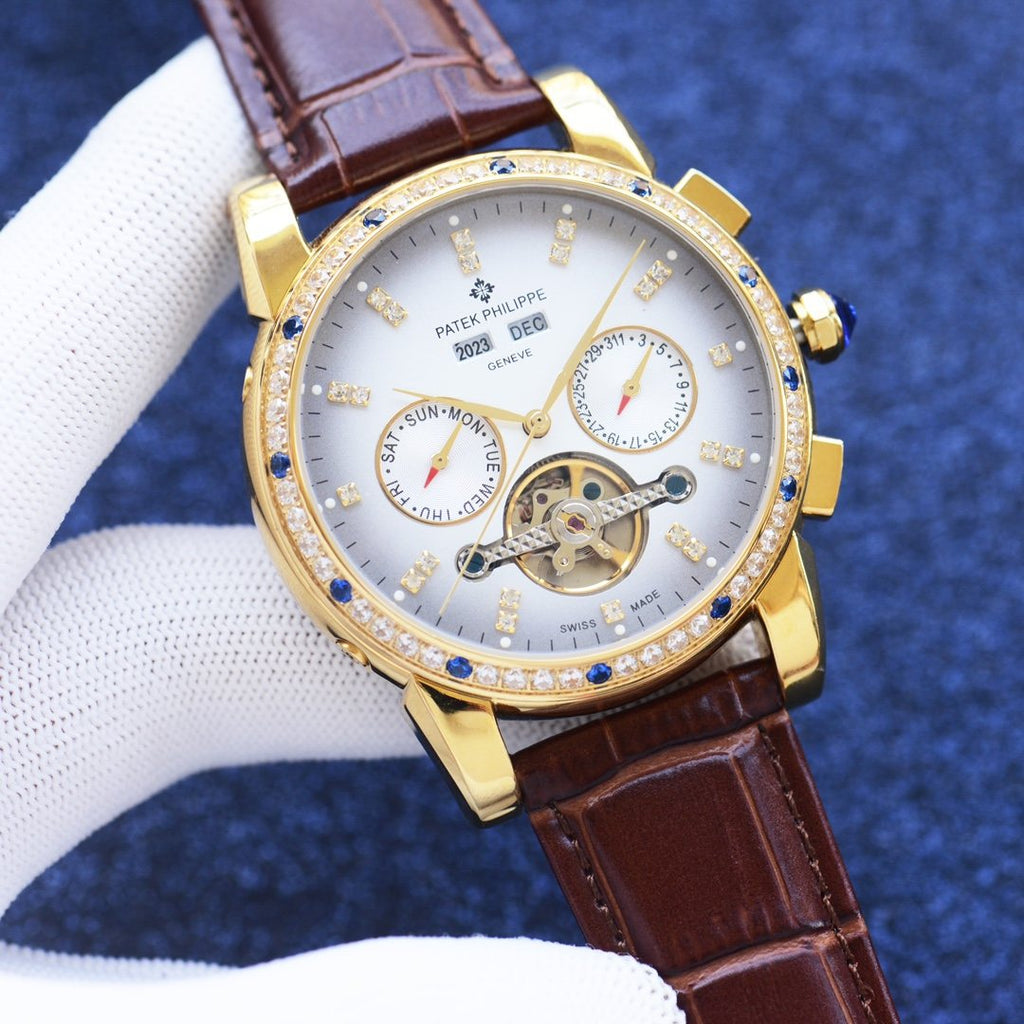 Patek Philippe Gold Brown White Dial Leather Strap Watch