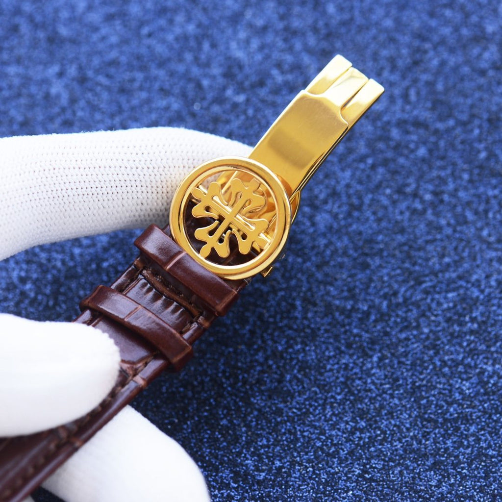 Patek Philippe Gold Brown White Dial Leather Strap Watch