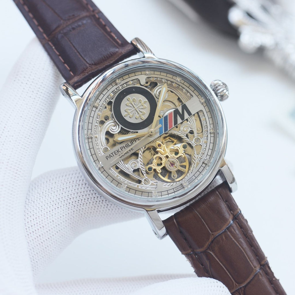 Patek Philippe Silver Brown Strap Watch