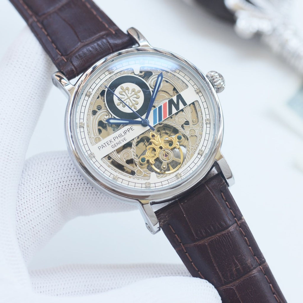 Patek Philippe Silver Brown Strap Watch