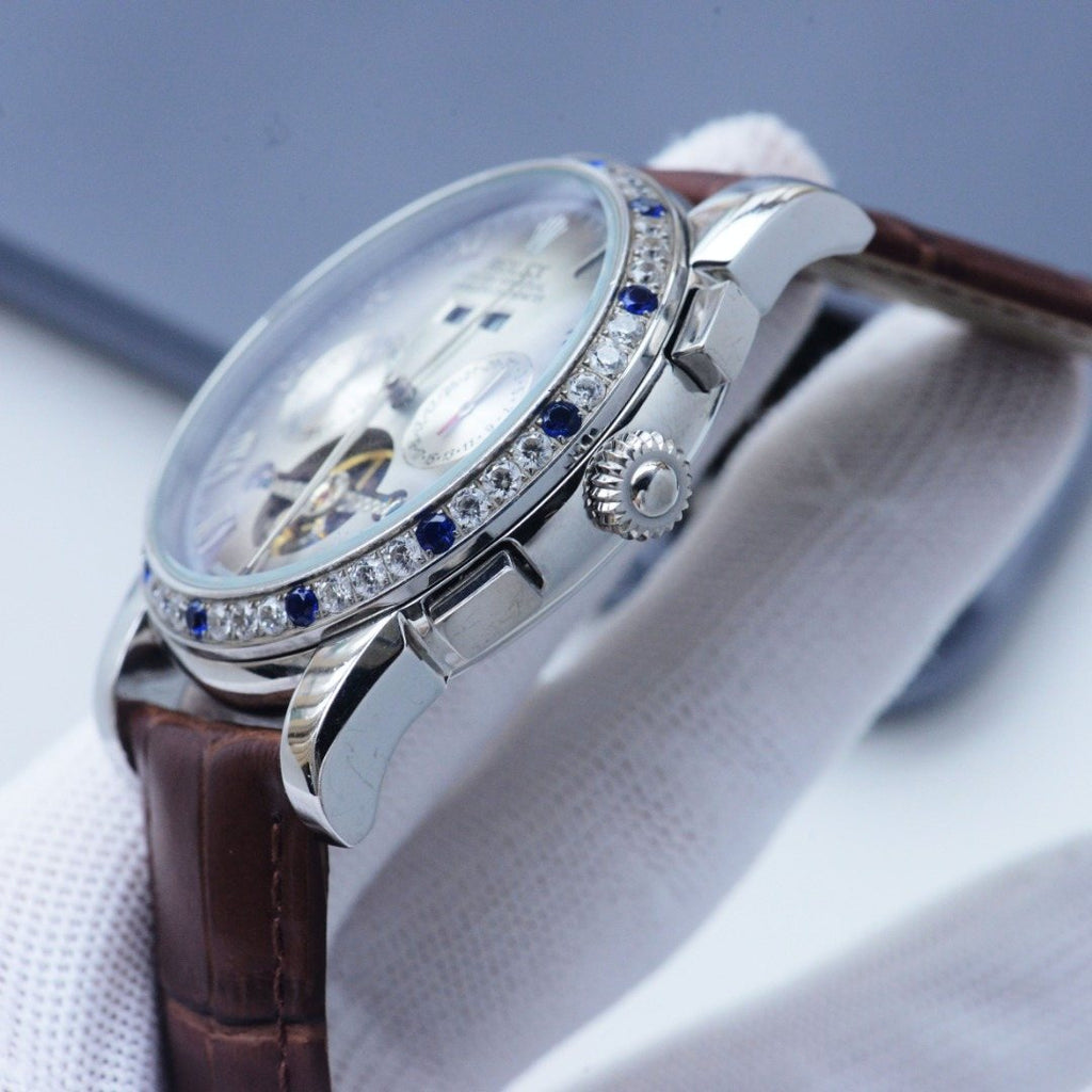 Rolex Silver Brown White Dial Strap Watch