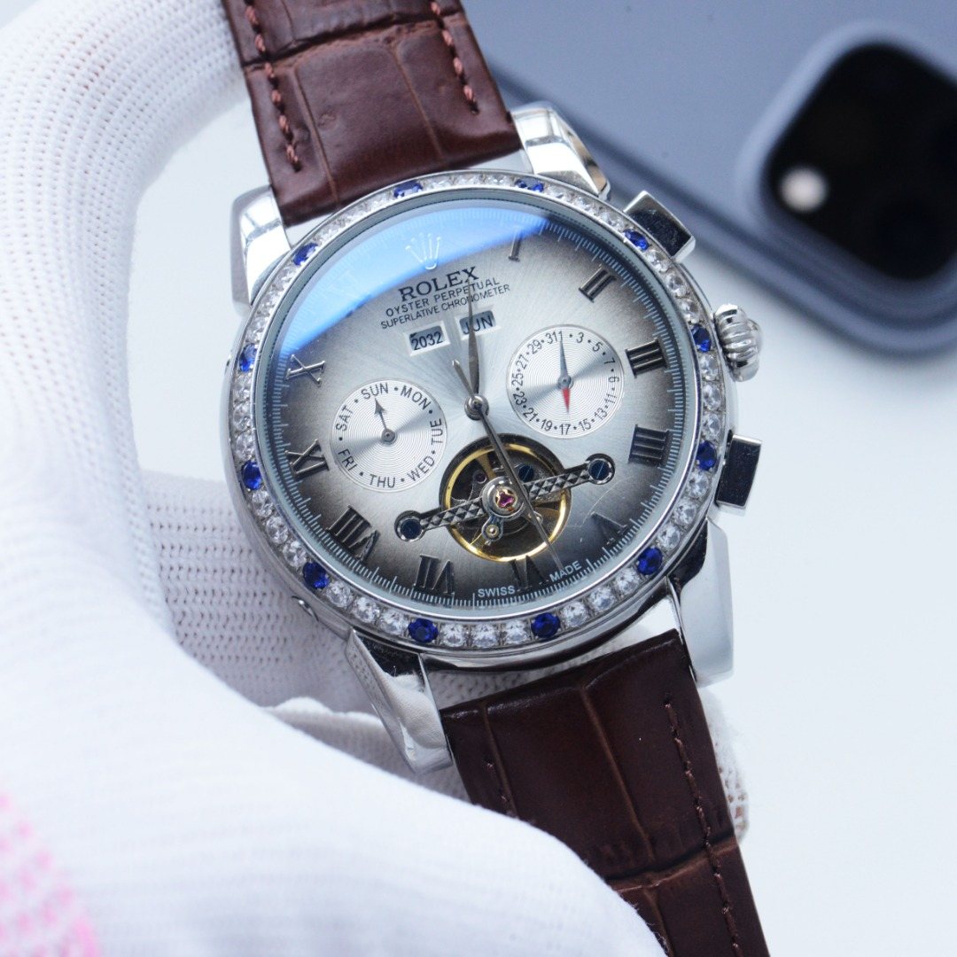 Rolex Silver Brown White Dial Strap Watch