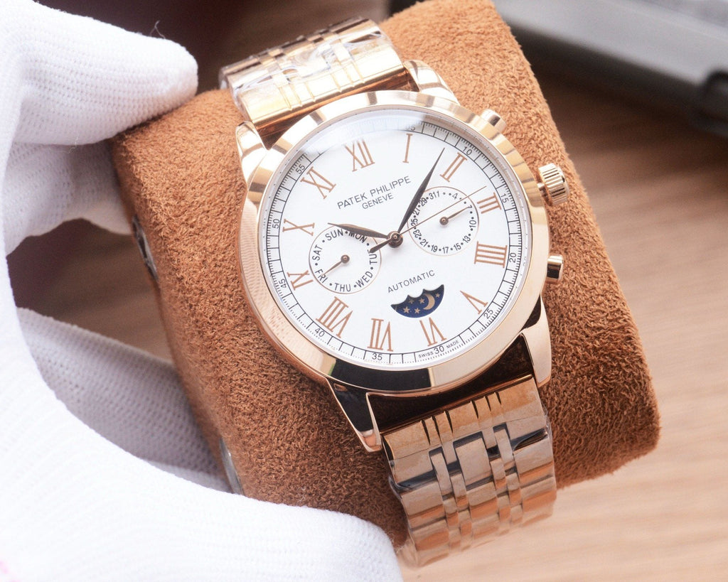 Patek Philippe Rose Gold Silver White Dial Bracelet Watch