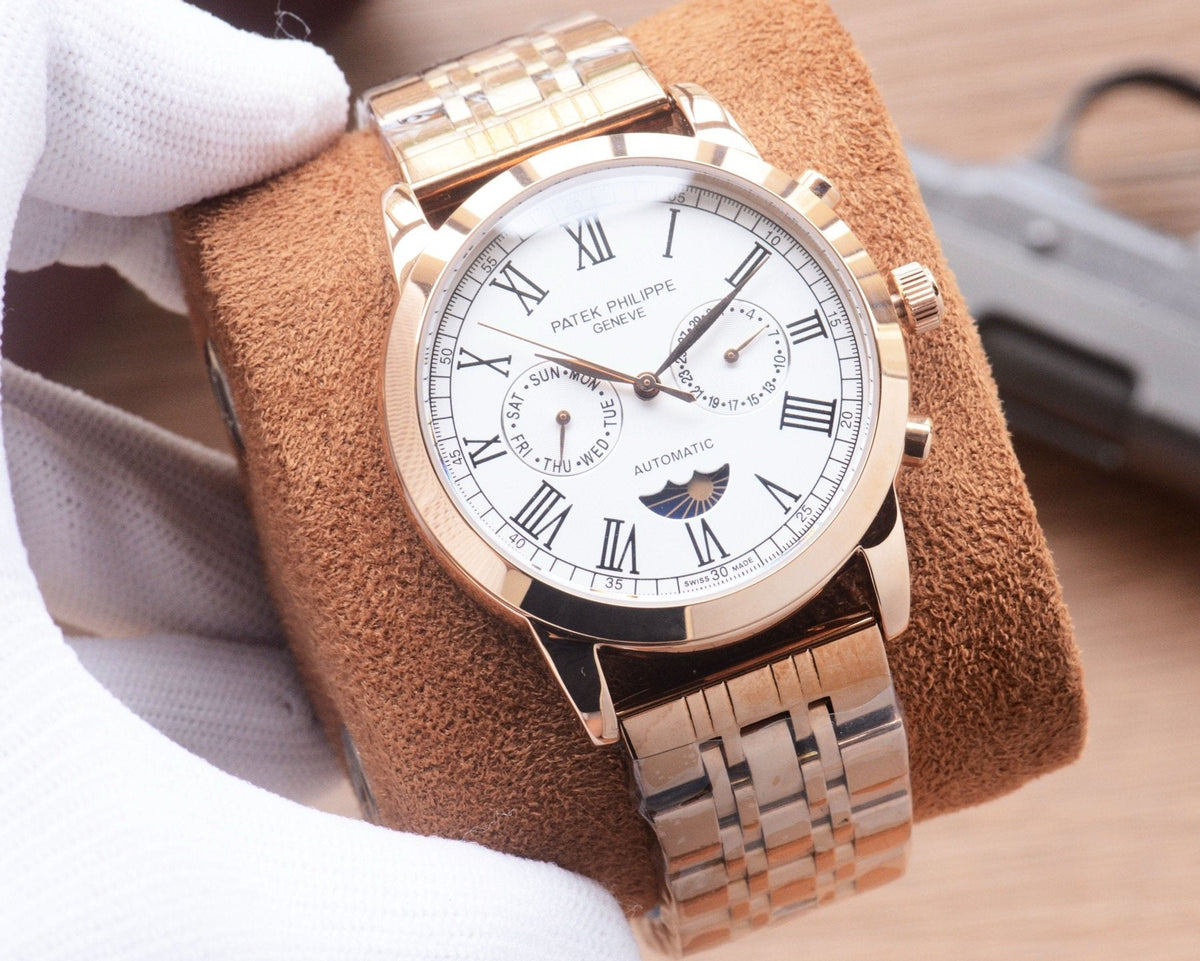 Patek Philippe Rose Gold Silver White Dial Bracelet Watch