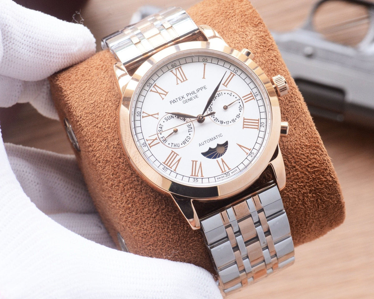 Patek Philippe Rose Gold Silver White Dial Bracelet Watch