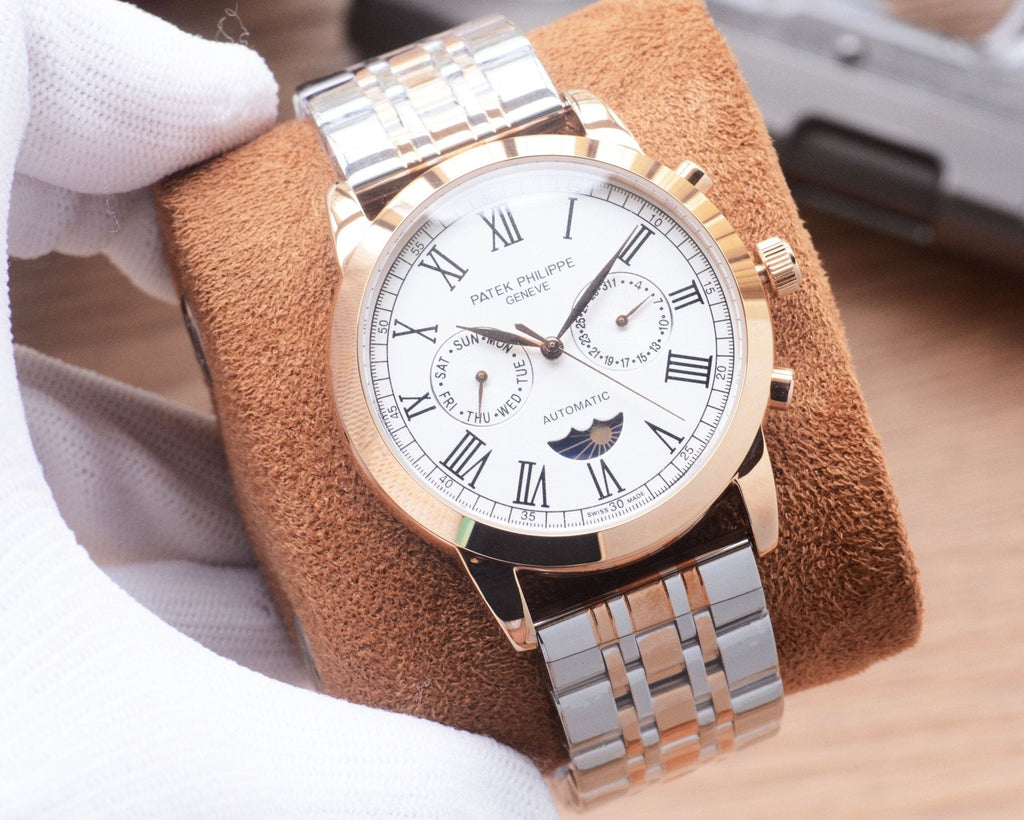 Patek Philippe Rose Gold Silver White Dial Bracelet Watch