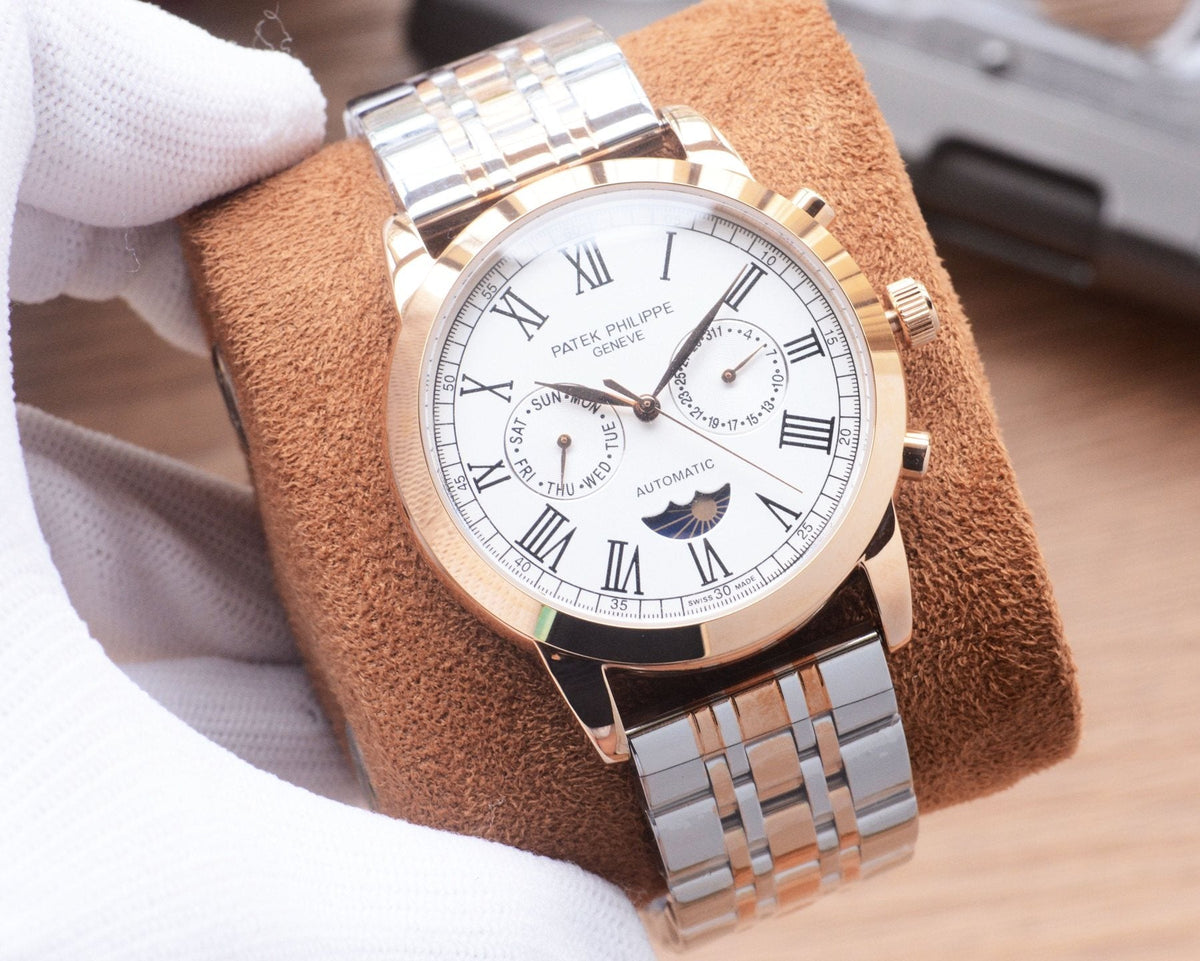 Patek Philippe Rose Gold Silver White Dial Bracelet Watch