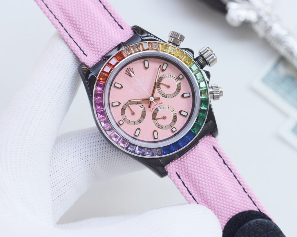 Rolex Silver Pink Dial Strap Watch