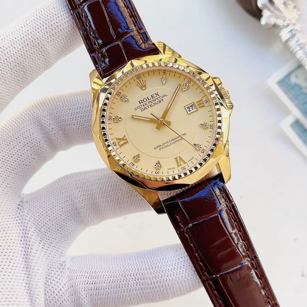 Rolex Cream Dial Brown Strap Watch